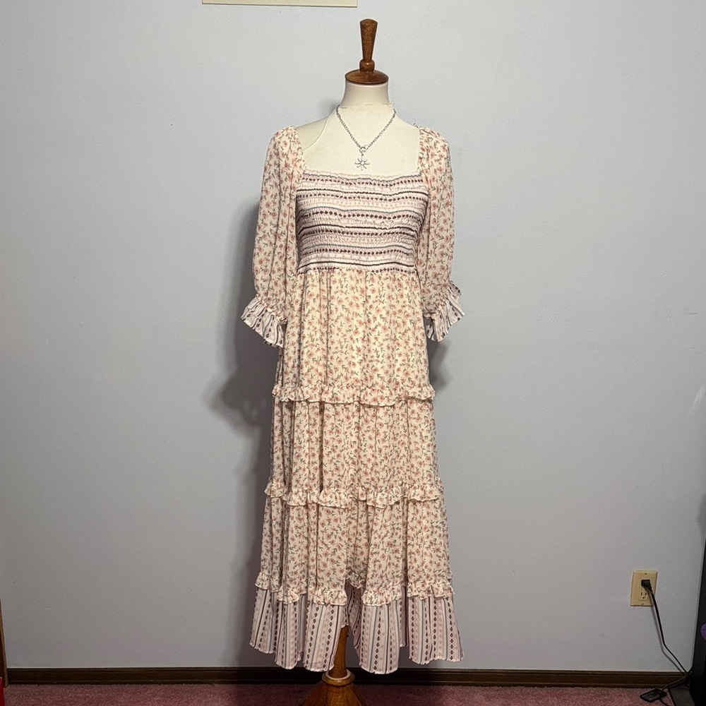 Smocked Cream Floral Maxi Dress with Puff Sleeves